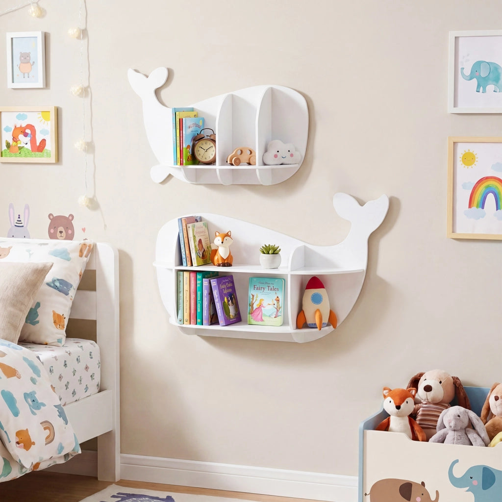 Set libreria per bambini a forma di balena con scomparti, Libreria da parete salvaspazio per cameretta soggiorno e sala giochi