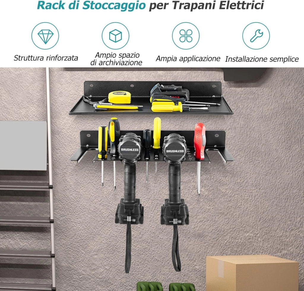 Scaffale per Trapano Elettrico, Supporto a Parete per Trapano e Mensola Sospesa, Pannello Forato Portautensili per Garage, Officina e Magazzino