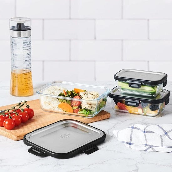 Contenitore in vetro con coperchio set con funzione Easy Lock - contenitori per conservazione in 3 diverse dimensioni - angolari - adatto per forno, microonde e congelatore