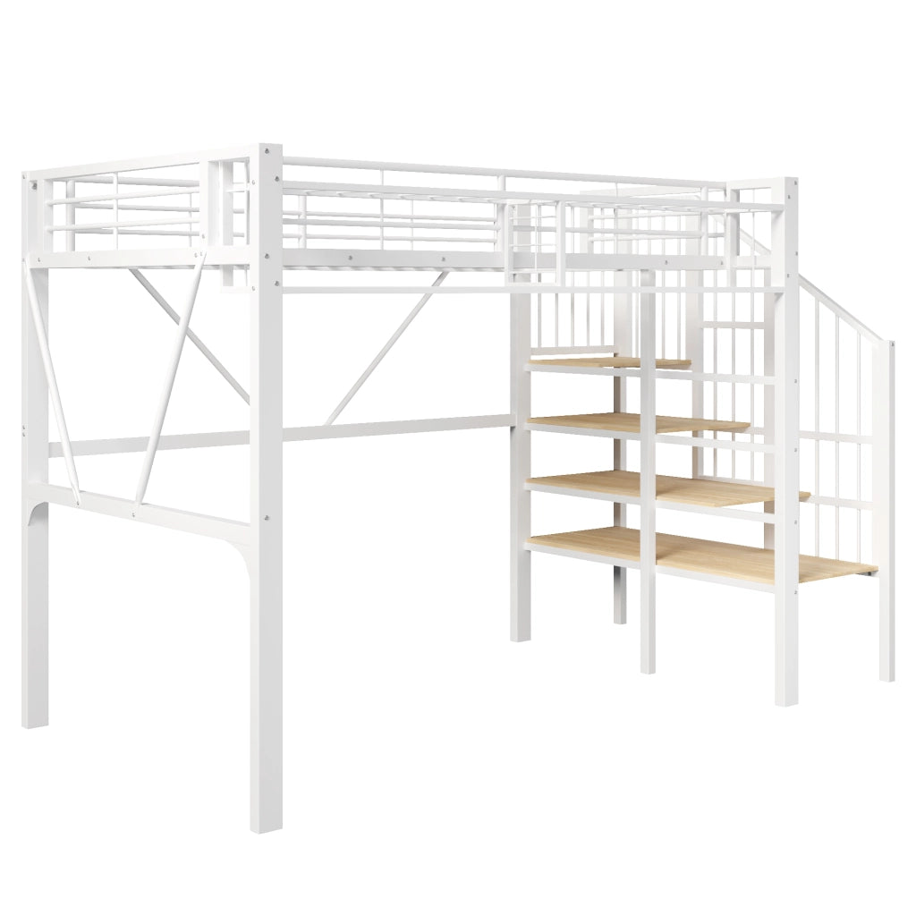 Letto a soppalco 90 x 200 cm, struttura in metallo, ripiano, luce a LED, bianco