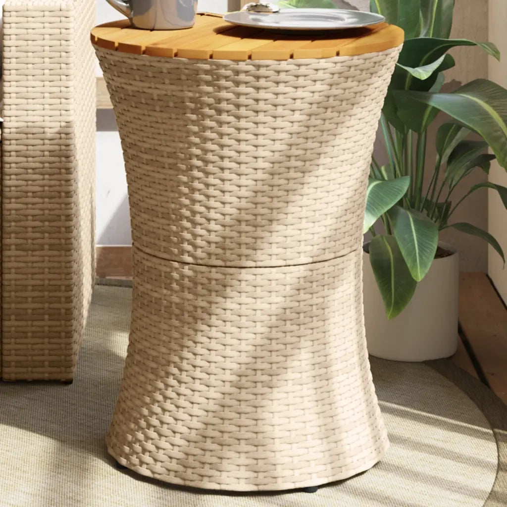 Tavolino Giardino | Tavolino da esterno Forma Tamburo Beige Polyrattan Legno Massello
