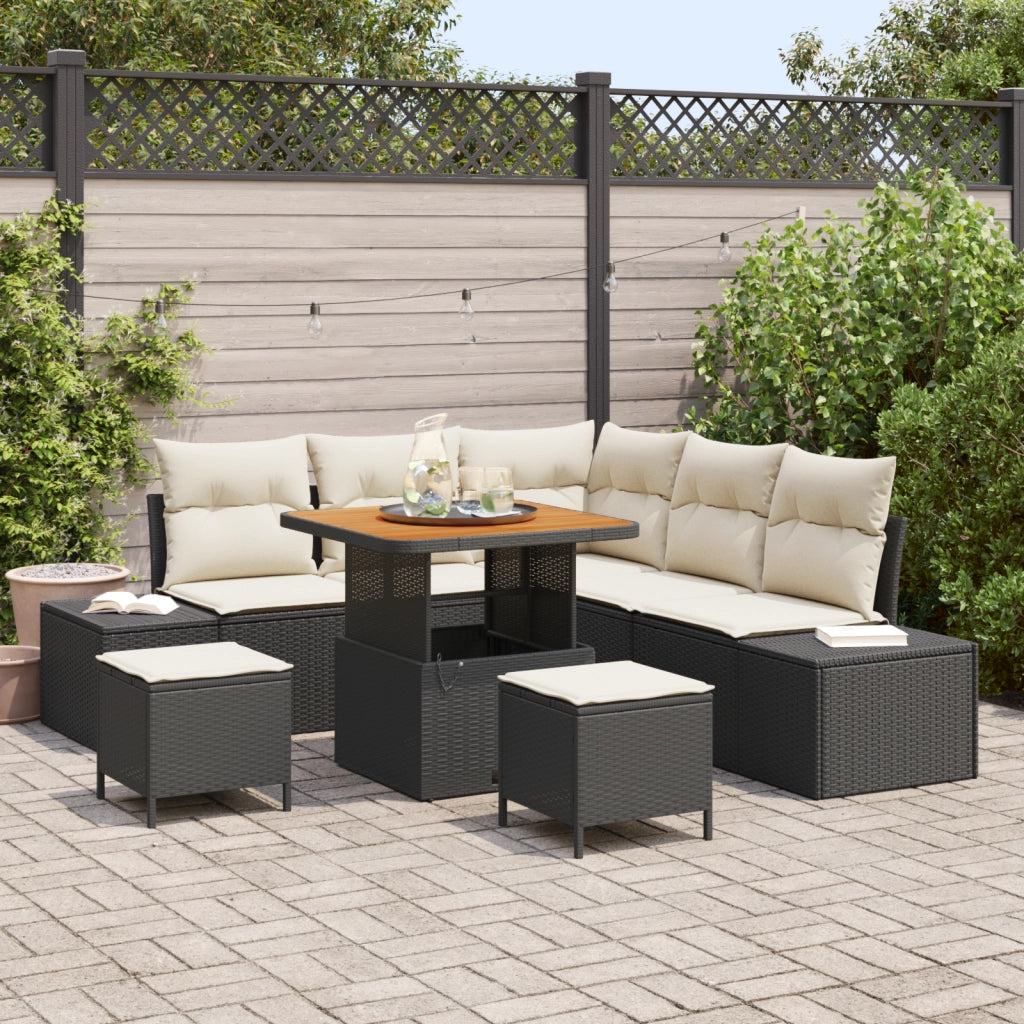 Set divani giardino  8 pezzi con cuscini Nero Polyrattan Acacia