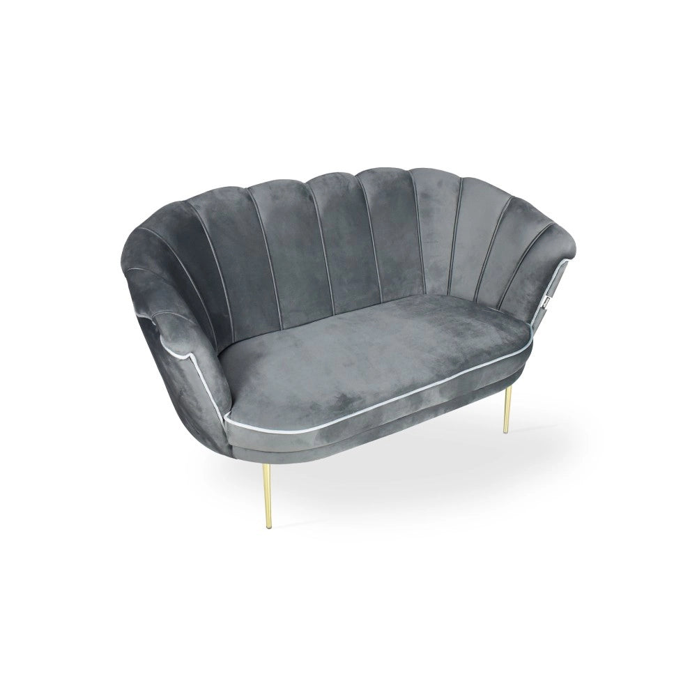 Divano a conchiglia due posti Orel velluto grigio e piedi oro 130x70x76h