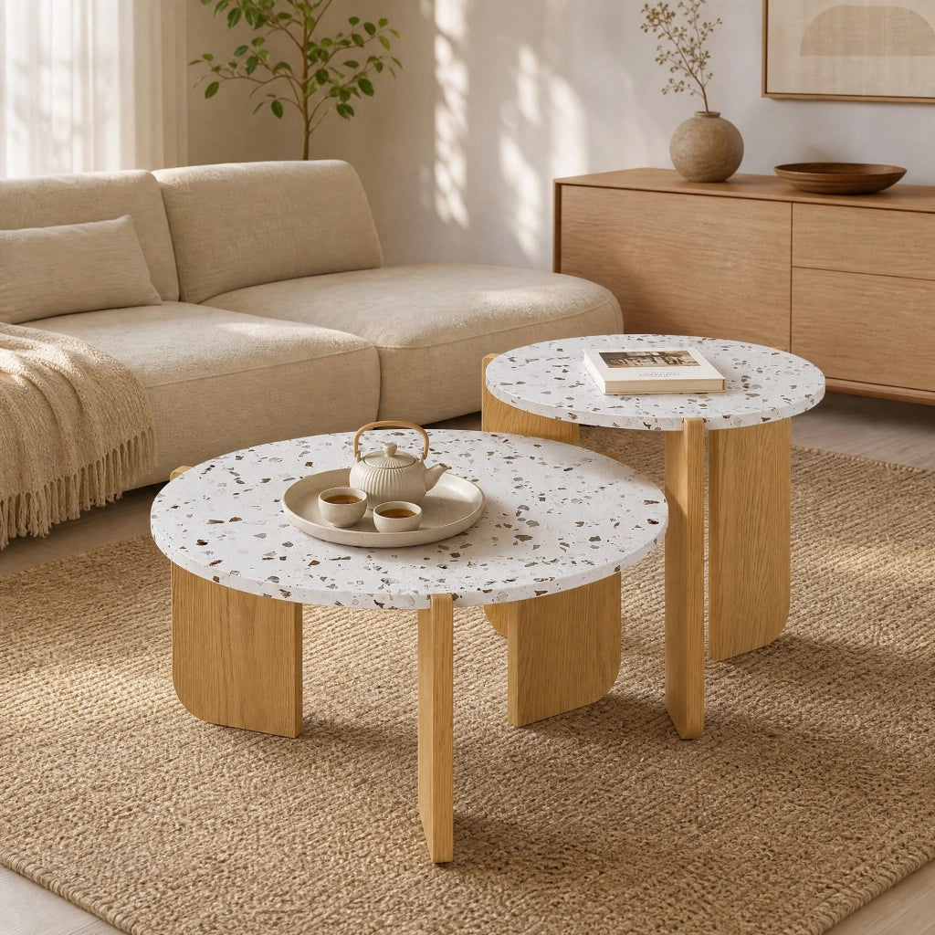 TAVOLINO Set da 2 pezzi 70x70x35 cm + 50x50x45,5 cm MDF Bianco e legno
