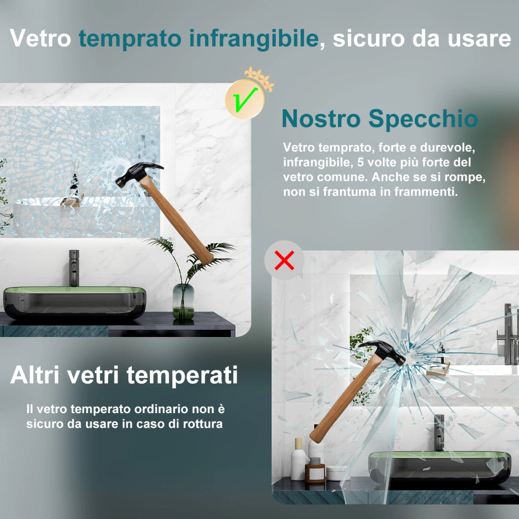 AICA Specchio 80x60cm,Memoria, Antifog,Regorabile,Retroilluminato,doppio interruttore