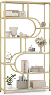 Libreria a 8 Ripiani, Scaffale Alto Autoportante a Forma di U, Struttura in Metallo, Organizzatore di Spazio per Soggiorno e Ufficio, 95x30x175 cm (Bianco+Oro)