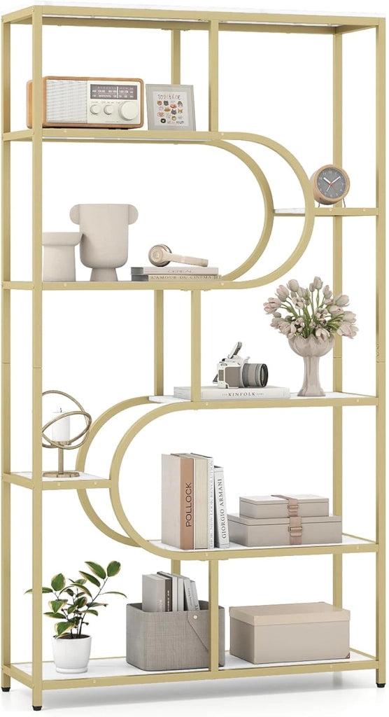 Libreria a 8 Ripiani, Scaffale Alto Autoportante a Forma di U, Struttura in Metallo, Organizzatore di Spazio per Soggiorno e Ufficio, 95x30x175 cm (Bianco+Oro)