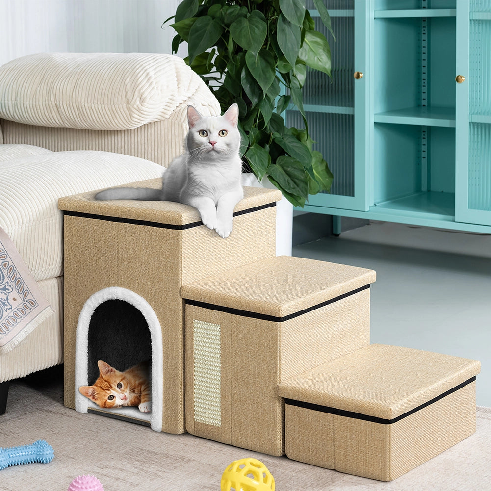 Scala per Animali 3in1 Multifunzione Scaletta Beige Pieghevole Vano Contenitore