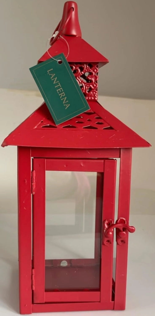 Lanterna di Natale in Metallo con Vetro Decorato – Decorazione Natalizia da Interno ed Esterno 12x12x27 cm