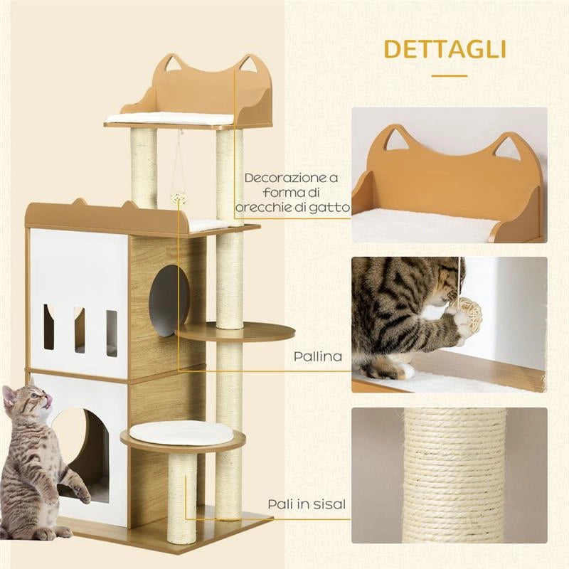 ALBERO PER GATTI IN MDF CON TIRAGRAFFI PER GATTI, 2 CASETTE PER GATTI, POSATOI E PALLINA DA GIOCO, 60X48X133 CM