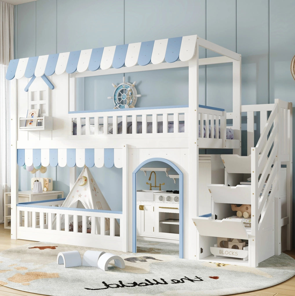 Letto a castello per bambini 90x200 cm bianco e blu con scala