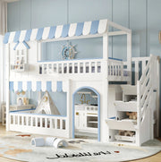 Letto a castello per bambini 90x200 cm bianco e blu con scala