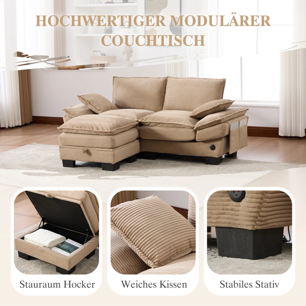 SOFA 2 posti con pouf 190x132x84 cm in tessuto corduroy khaki
