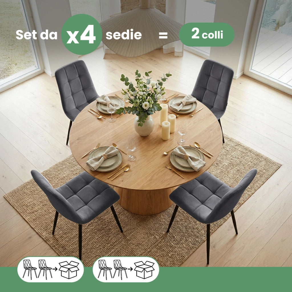Set di 4 Sedie in velluto trapuntate NERO Grafite Scuro gambe nere