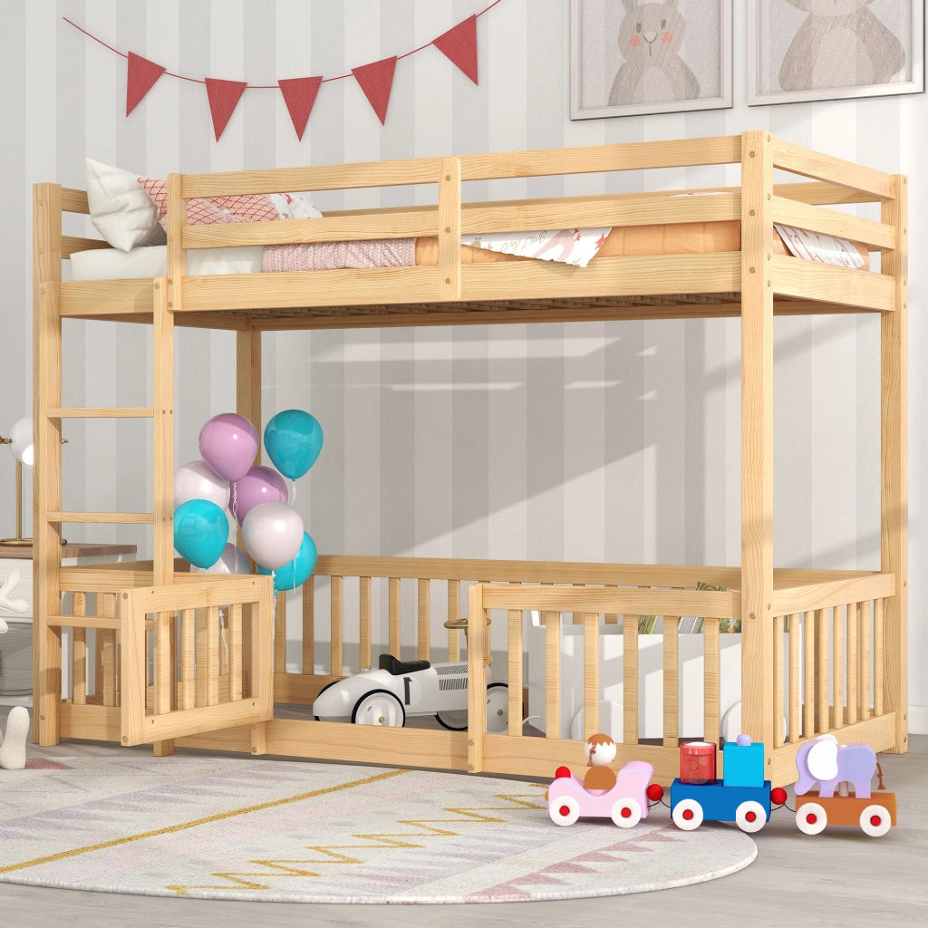 OKWISH Letto a Castello 90×200 cm, Letto Singolo con Scala Dritta, Sponde e Porta, senza Materasso, in Legno Massello, Naturale