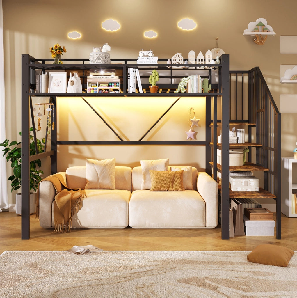 Letto a soppalco 251.5x113x170 cm con scaffale a gradini; elementi a griglia e luce LED; MDF e metallo; nero