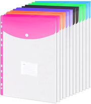 Documenti A4, 12 trasparenti mappe A4 per archiviazione, acqua resistente, mappe pieghevoli con chiusura a gomito, 11 fori plastiche, 6 colori