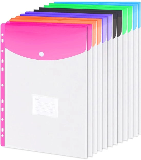 Documenti A4, 12 trasparenti mappe A4 per archiviazione, acqua resistente, mappe pieghevoli con chiusura a gomito, 11 fori plastiche, 6 colori