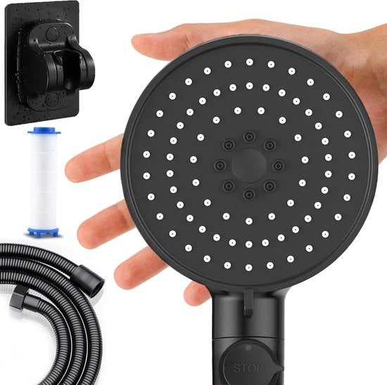 Douchekop con goccia e supporto, grande doccia a mano (Ø 120 mm), 5 tipi di douchekop con filtro, risparmio d'acqua, funzione anticalcare (matte nero)