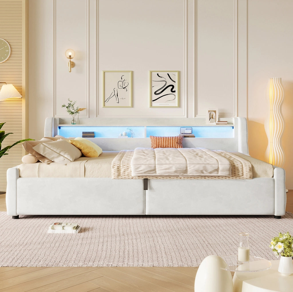Letto contenitore 140x200 in flanella con testiera LED e vano salvaspazio