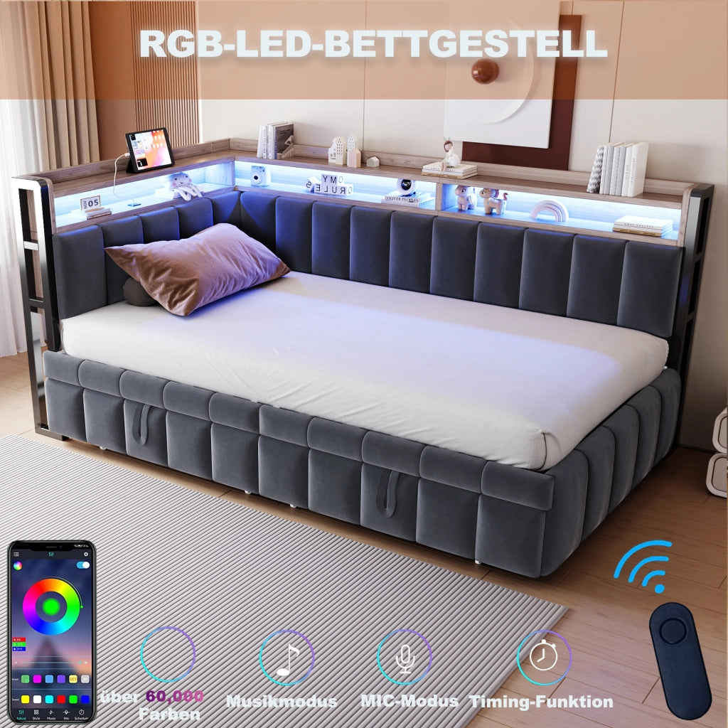 Divano letto con letto estraibile, luci LED e vani portaoggetti, porte USB e USB-C integrate, in velluto grigio scuro