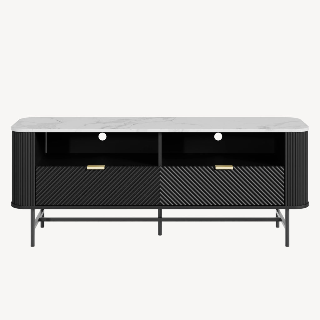 Mobile Porta TV Olvehok con Cassetti e Scomparti Aperti 140x40x55cm Nero / Effetto Marmo Bianco [en.casa]