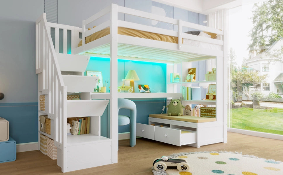 Letto a soppalco 90 × 200 cm con scrivania, ripiani, 2 cassetti, scala contenitore et LED, senza materasso, bianco