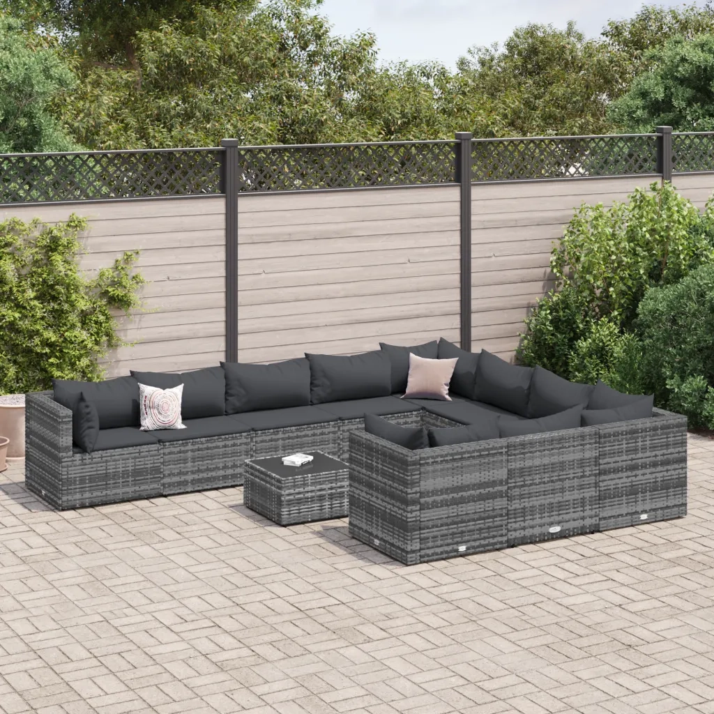 vidaXL Set Divani da Giardino 11 pz con Cuscini in Polyrattan Grigio