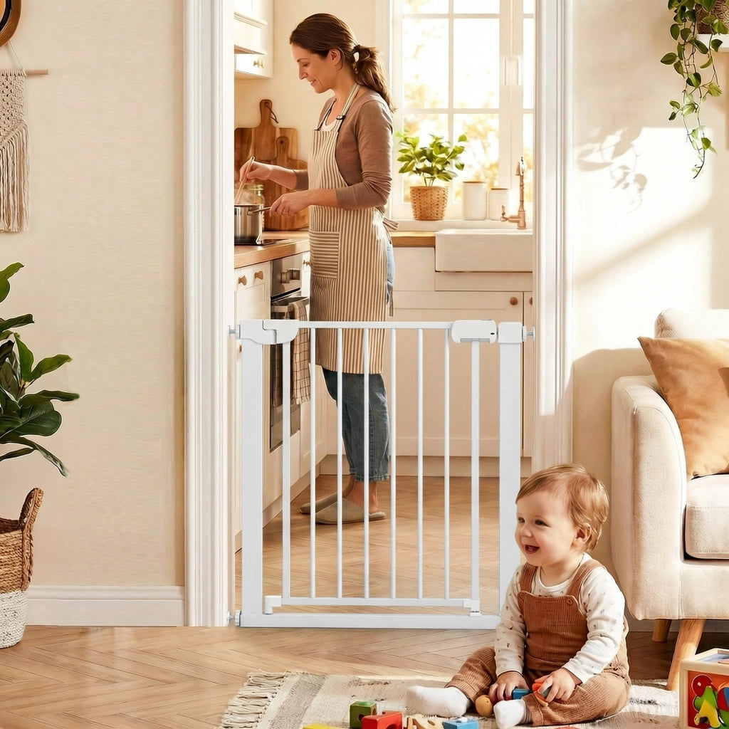 Cancello sicurezza bambini per scale montaggio a pressione, Chiusura automatica funzionamento una mano senza forare Bianco
