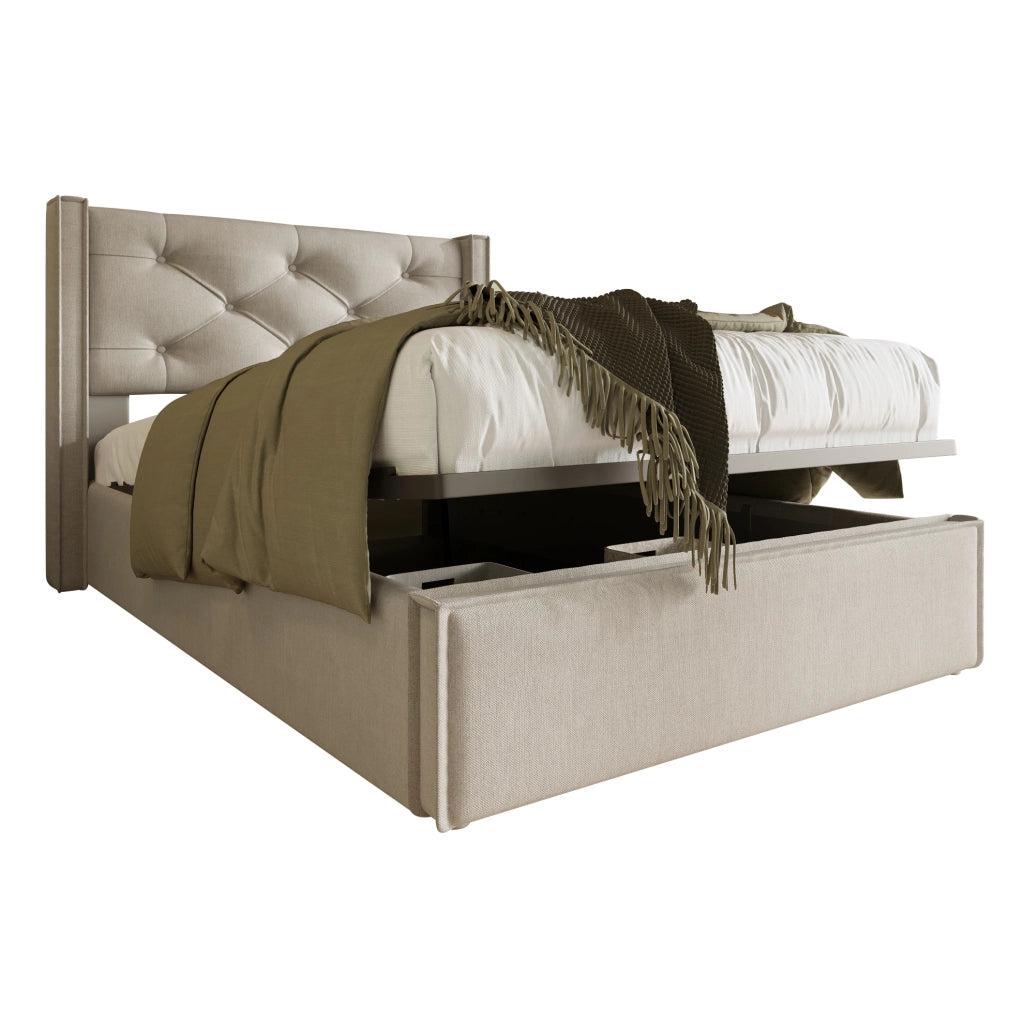 Letto singolo imbottito 90x200 cm con contenitore e rete sollevabile; grigio chiaro