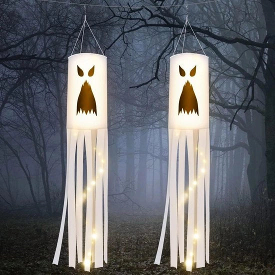 Decorazioni per Halloween con illuminazione LED - 2 pezzi Spettro di vento appeso - Per feste di Halloween - Decorazione per esterni - Giardino e terrazza - Spazio per oltre 75 caratteri.