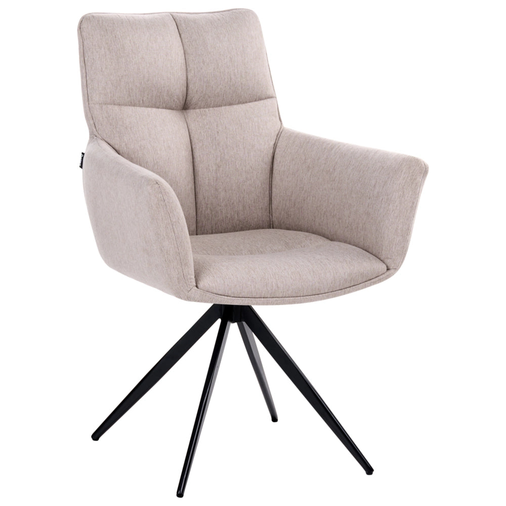 Sedia da pranzo beige con rivestimento in poliestere, gambe in ferro nero, braccioli e base girevole stile moderno per la sala da pranzo.