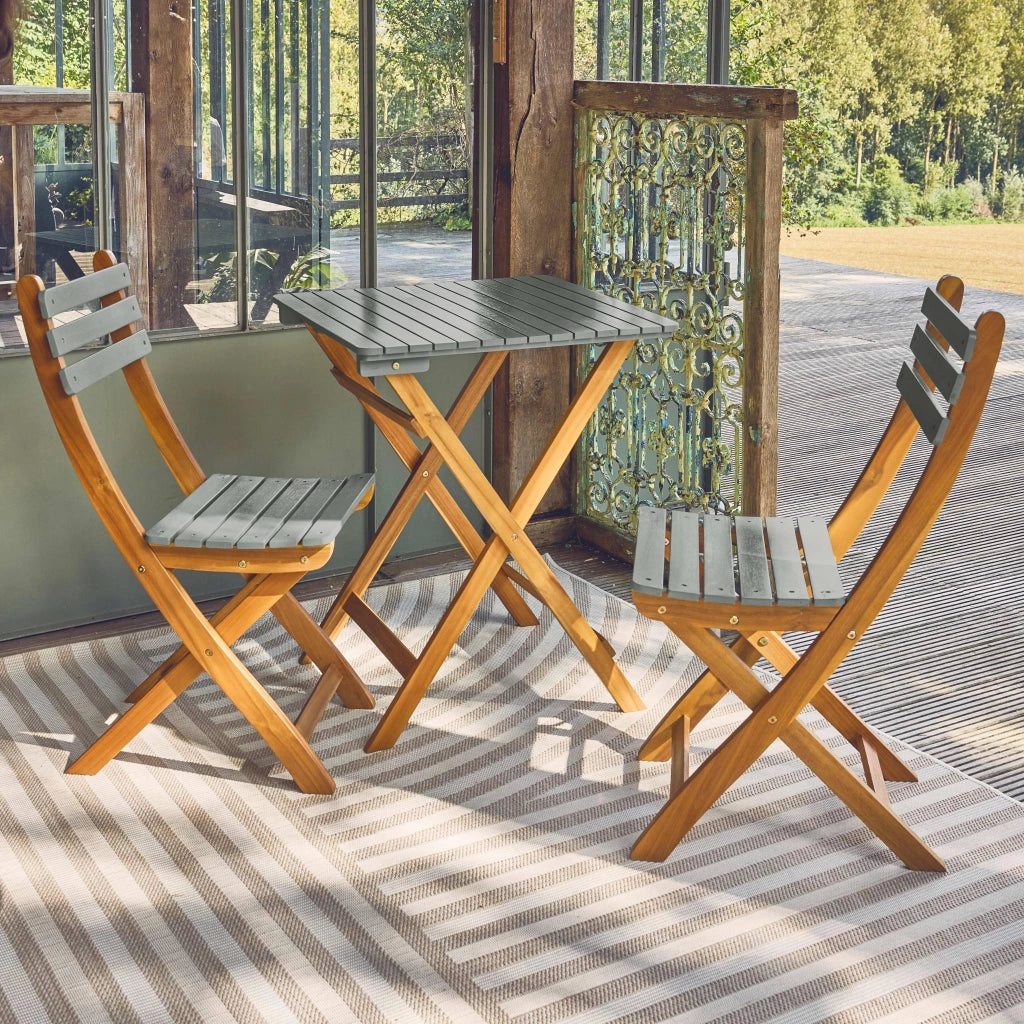 Set tavolo da giardino in legno di acacia con 2 sedie pieghevoli,