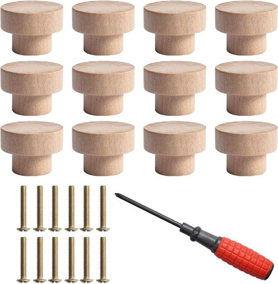 Pomelli in legno per mobili - 12 pezzi - Pomo per cassetti - Pomo per ante - Inclusi viti - Per cassetti e ante - Pomelli in legno per console
