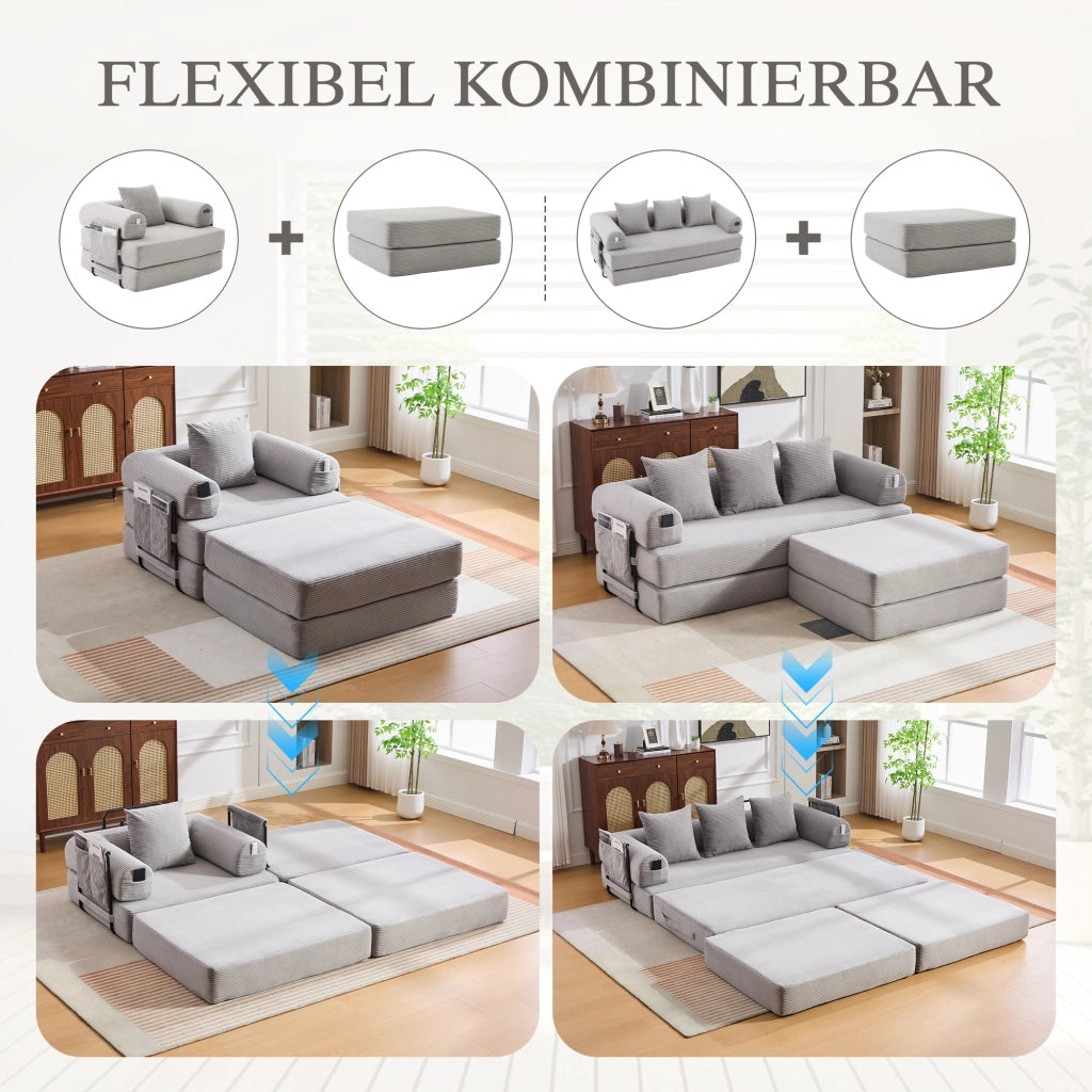 Pouf Reclinabile Modulare con Schiuma ad Alta Densità e Tessuto Corduroy Grigio Chiaro