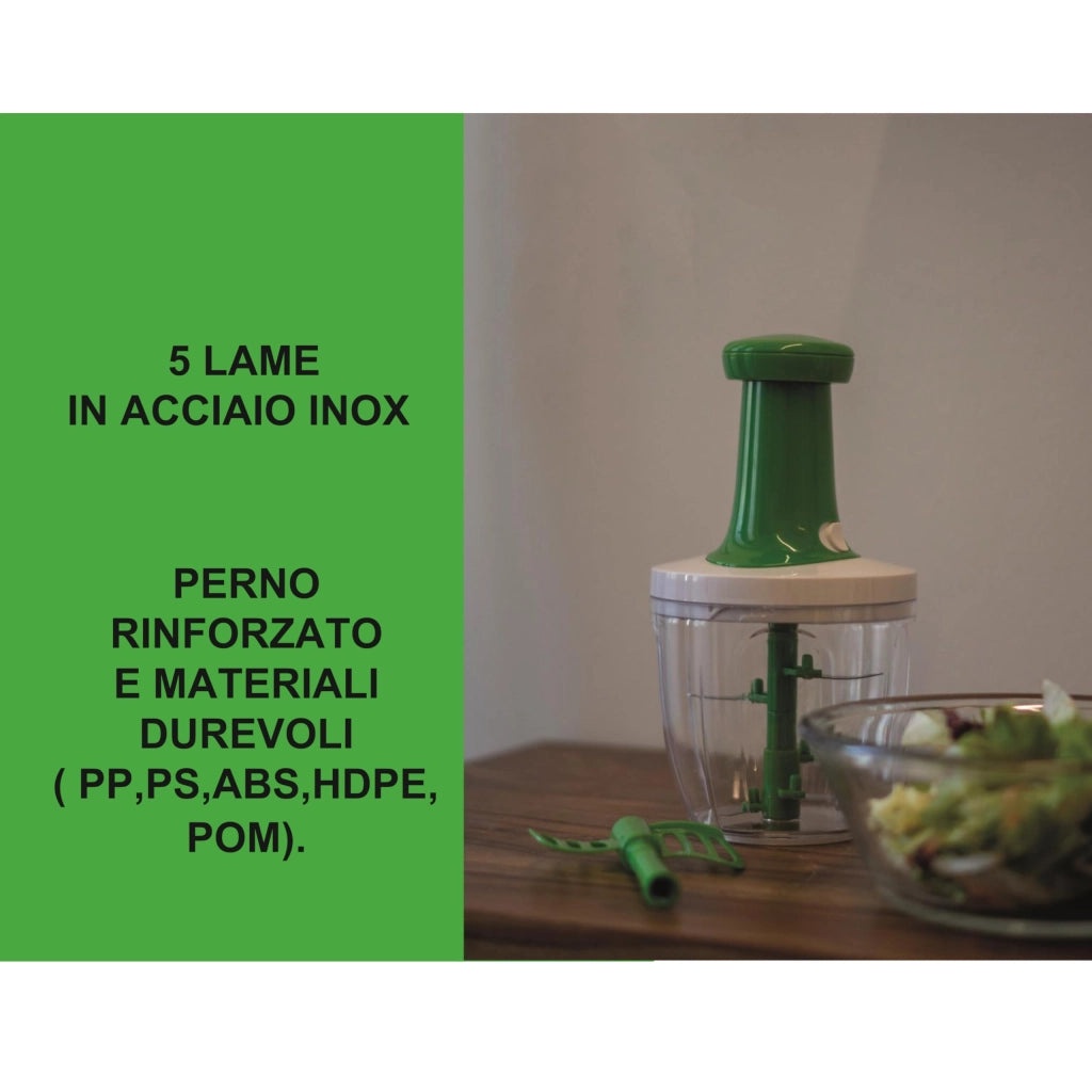 BIOVIRA Tritatutto Manuale 5 Lame Inox – Chopper da Cucina tipo Pedro Chef, Frullatore Manuale e Tritaverdure per Cipolla, Aglio, Prezzemolo, Verdure, Slap Chop Vegetable Chopper + Ricettario Digitale