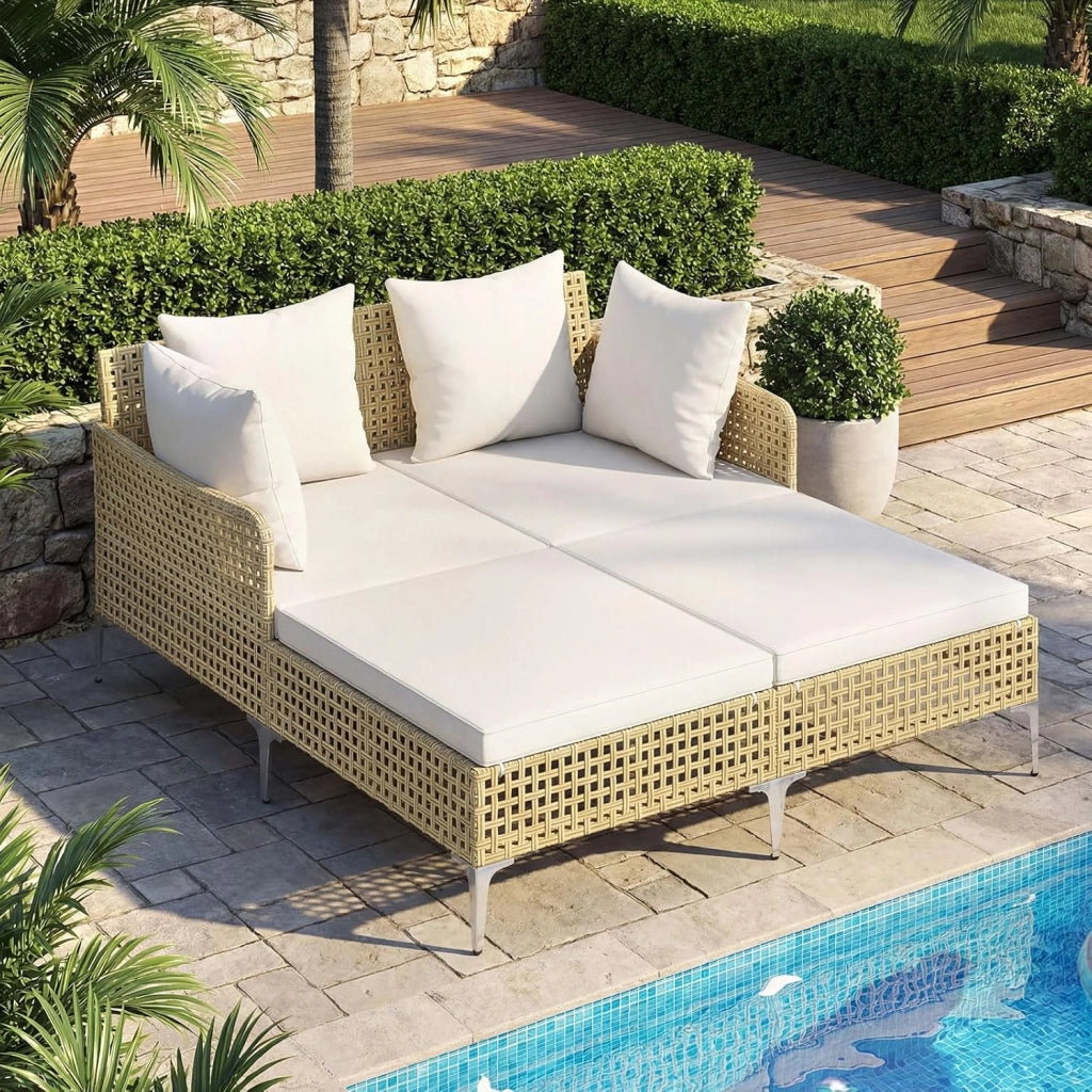 Lettino Prendisole per 2 Persone da Giardino, Divano Letto Matrimoniale da Esterno con Cuscini per Seduta e Schienale, Isola Prendisole per Cortile e Terrazza, 153 x 133 x 70 cm