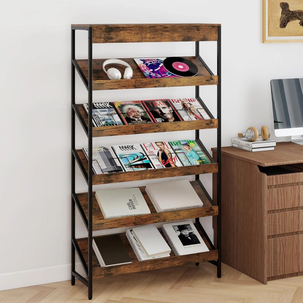 Libreria a 6 Ripiani, Scaffale Inclinato con Struttura Metallica, Porta Giornali Industriale in Legno, Organizer per Soggiorno Camera da Letto Studio, 90x30x161 cm (Marrone)