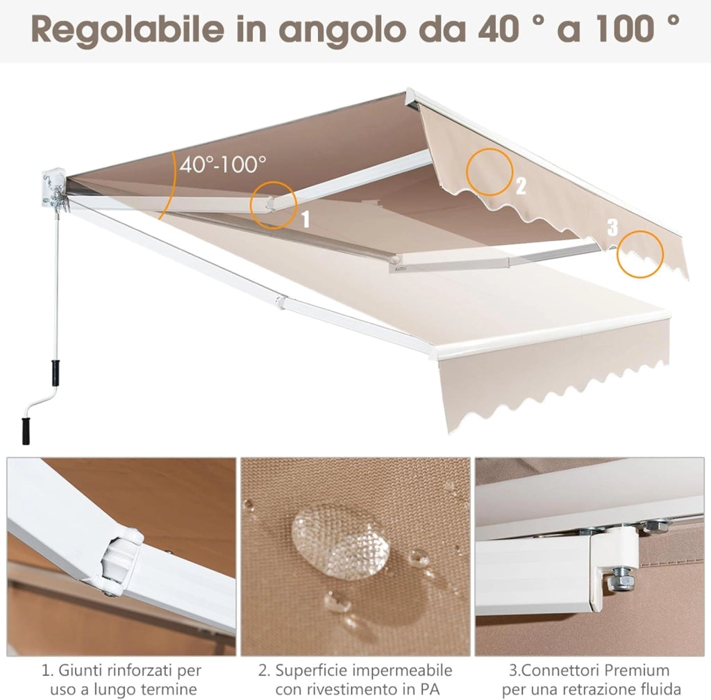 Tenda da Sole per Esterno Avvolgibile, Tenda da Sole a Bracci Estensibili con Telaio in Alluminio e Tettuccio Resistente al Sole e Impermeabile e Manovella (Beige, 295 x 250 cm)