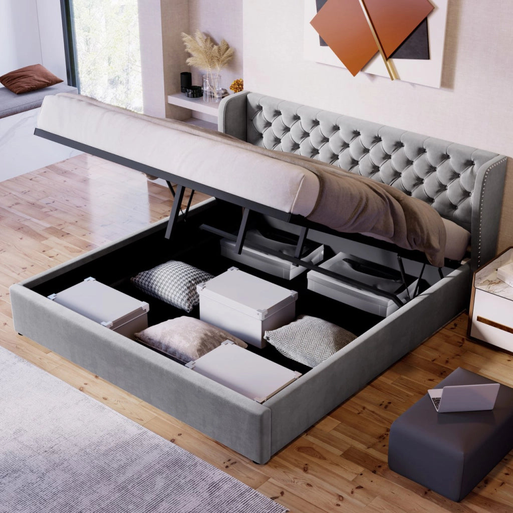 Letto matrimoniale 180x200 in velluto grigio con contenitore idraulico, rete a doghe, testiera imbottita stile Chesterfield