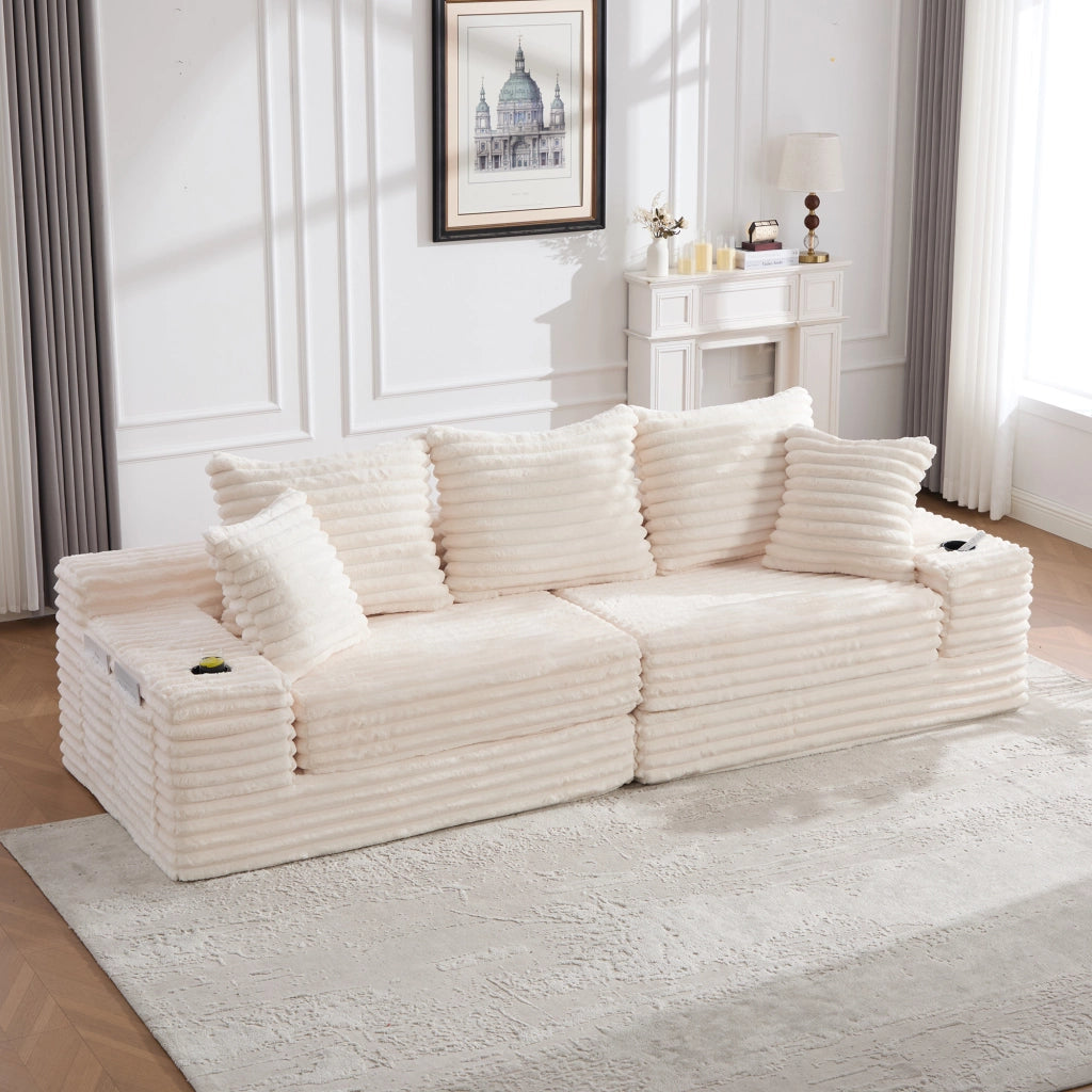 Divano in corduroy comprimibile con schienale alto e tasche laterali; beige