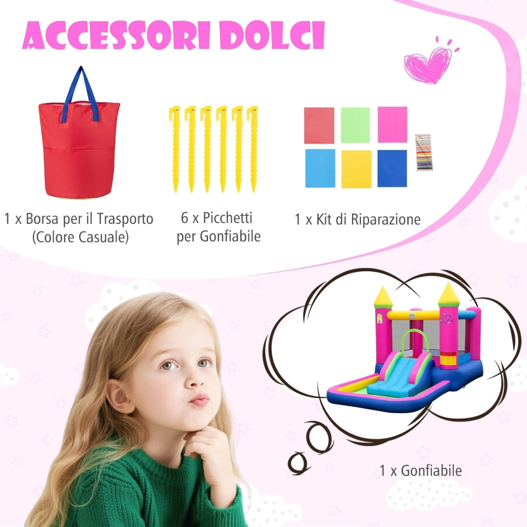 4-in-1 Castello Gonfiabile per Bambini, Castello a Tema Principessa con Scivolo, Area Salto, Canestro da Basket e Vasca per Palline, Giochi Gonfiabile per 3-12 Anni (Senza Soffiatore)