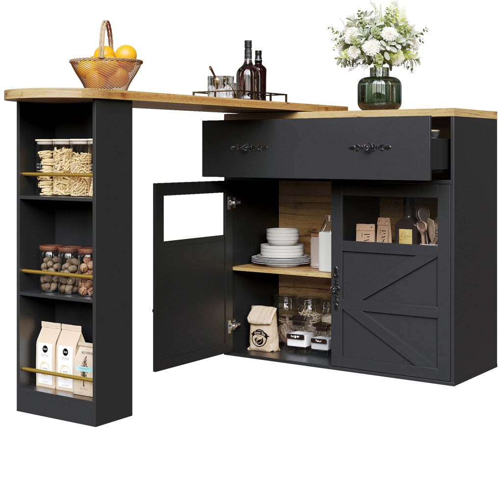 Tavolo bar 138-204x39x104 cm girevole con vani portaoggetti in MDF nero