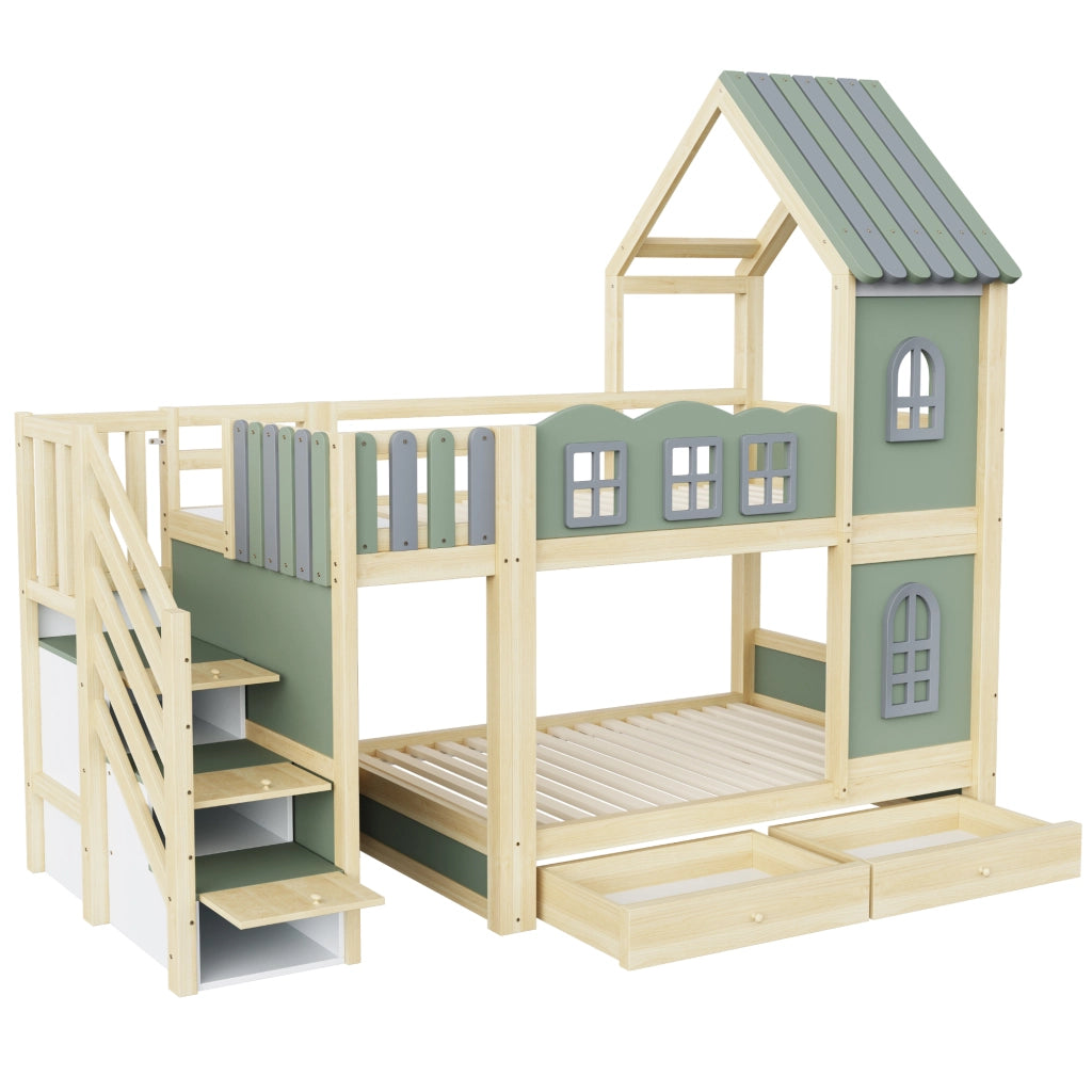 Letto a Castello 90x200 cm; 2 Posti - Scaletta Contenitore; Cassetti - Legno Verde Grigio