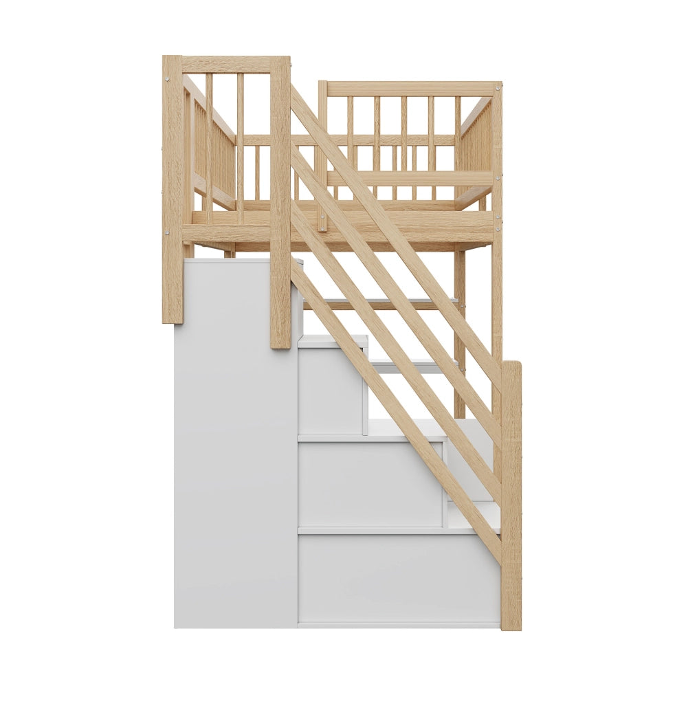 Letto a soppalco 90x200 cm in legno con armadio, scaffali e scala di sicurezza