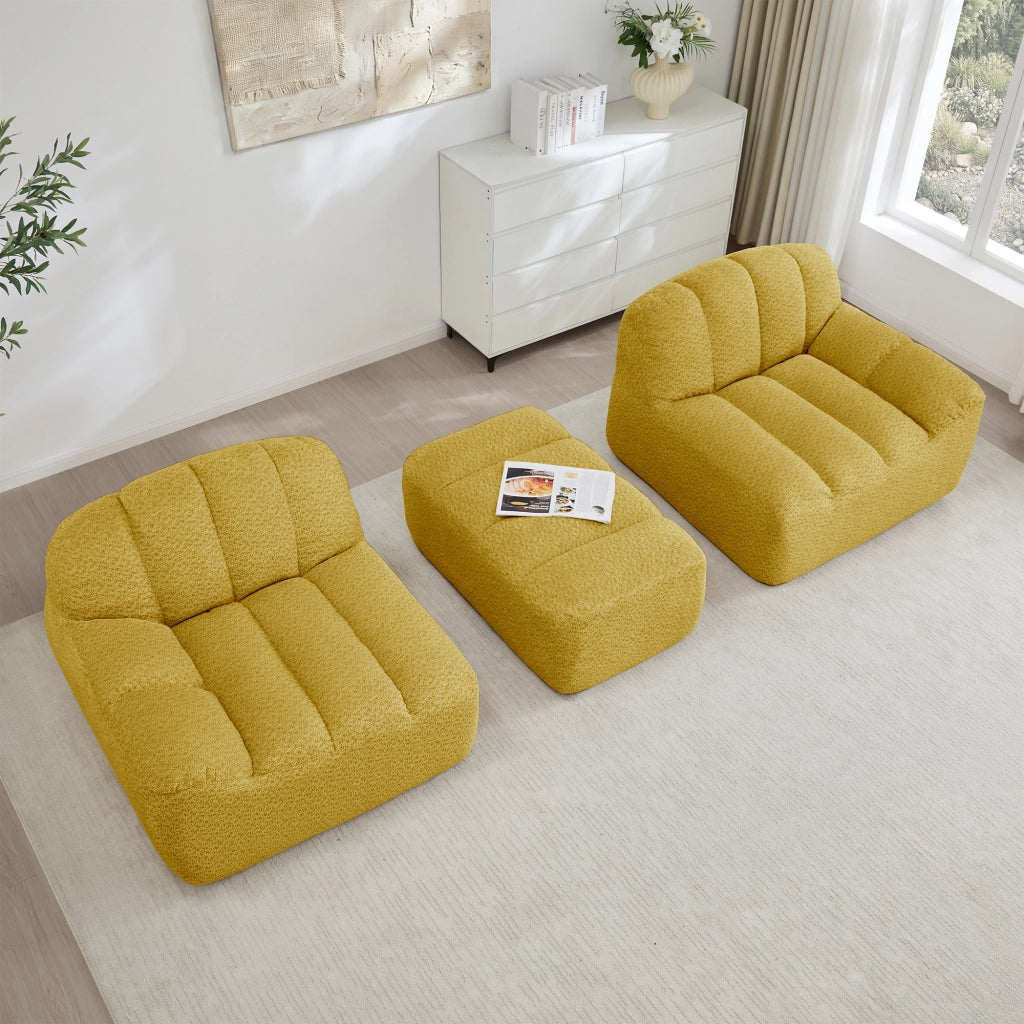 Divano angolare modulare senza struttura con seduta ampia e pouf per soggiorno in pile granulato giallo 210 × 165 × 79 cm