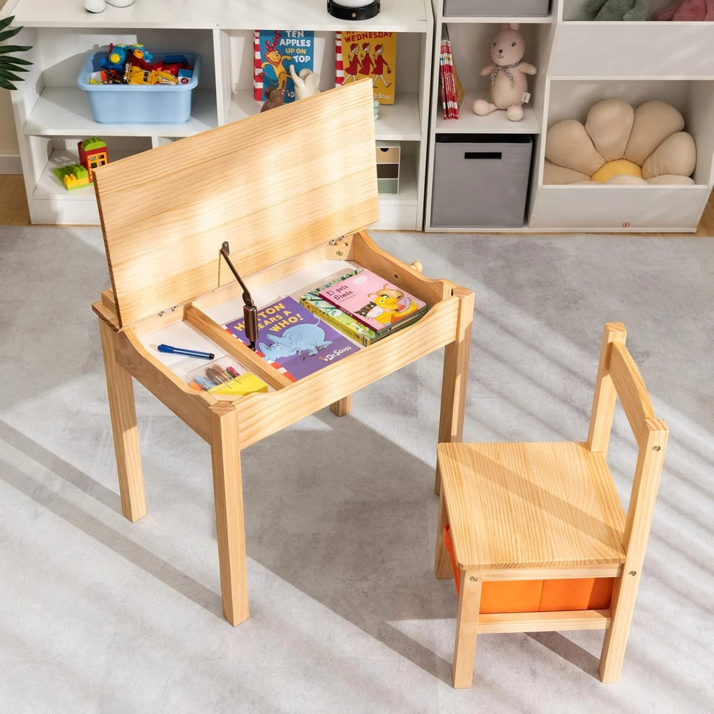 Set Tavolo e Sedia per Bambini 3+ Anni, Scrivania Ribaltabile in Legno di Pino con Cassetto Estraibile, Gancio e Cerniera Sicura a Chiusura Lenta, Ideale per Studio e Disegno (Naturale)