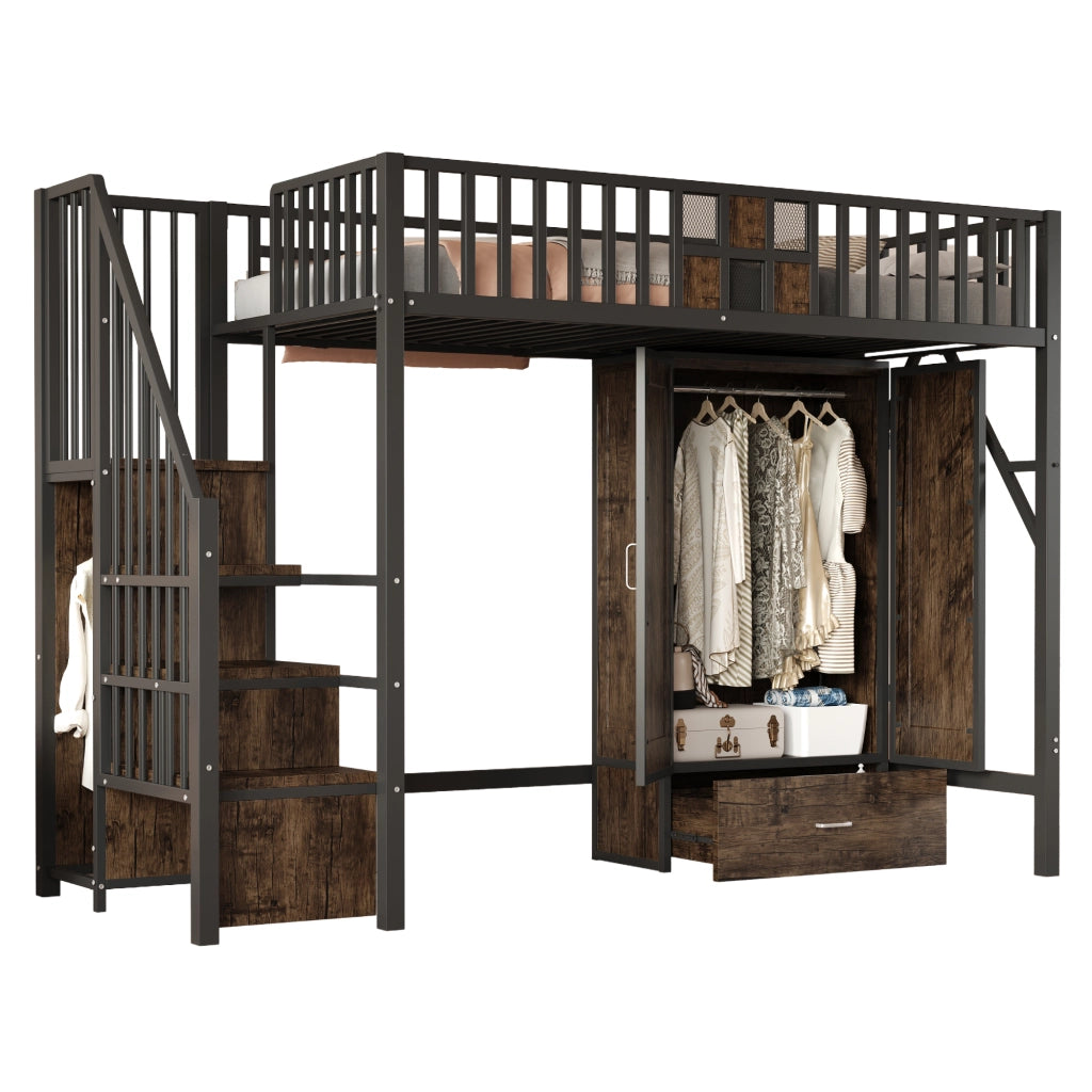 Letto a castello nero in metallo e legno con funzione contenitiva 90x200 cm