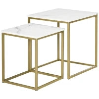 Tavolino da Salotto Set 2 Pezzi Impilabile con Piano in Truciolato e Struttura in Acciaio, Bianco e Oro