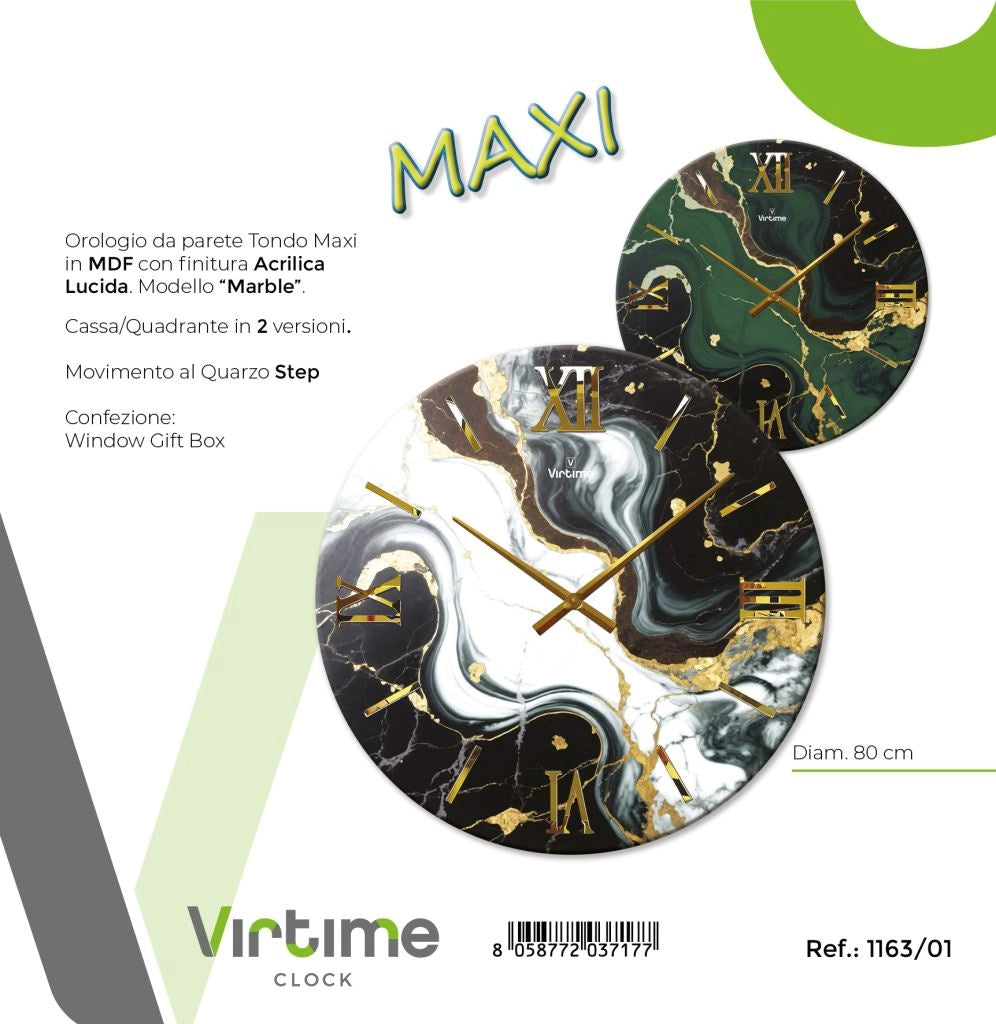 1 Pezzo Orologio da Parete in Legno MDF Marble Acrylic 80 cm 2 Decori